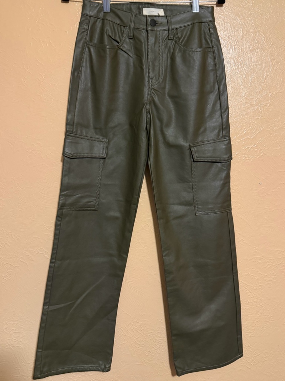 Faux Leather Wide-Leg Cargo Pants in Olive